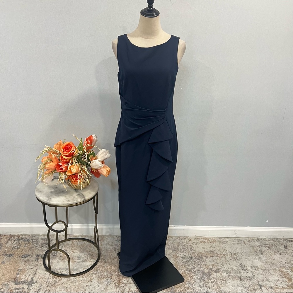 Marina Navy Blue Sleeveless Cascading Ruffles Maxi Formal Evening Gown Size 4